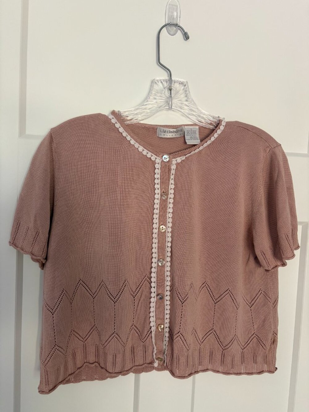 Vintage Liz Claiborne 100% Silk Cardigan L Rose Pointelle Cropped Coquette Knit